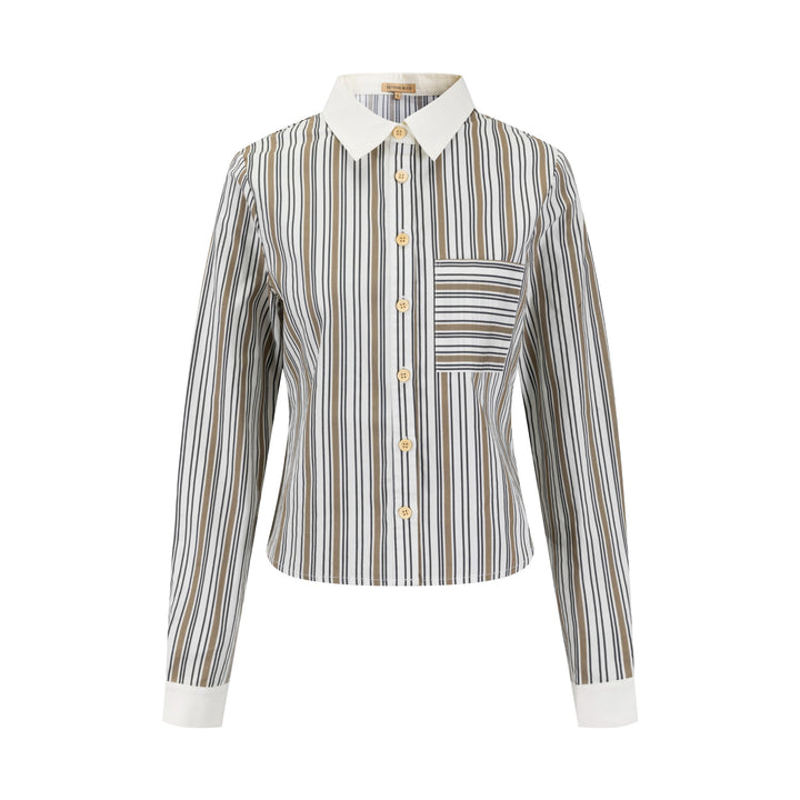 Solid Collar Striped Blouse -Sand