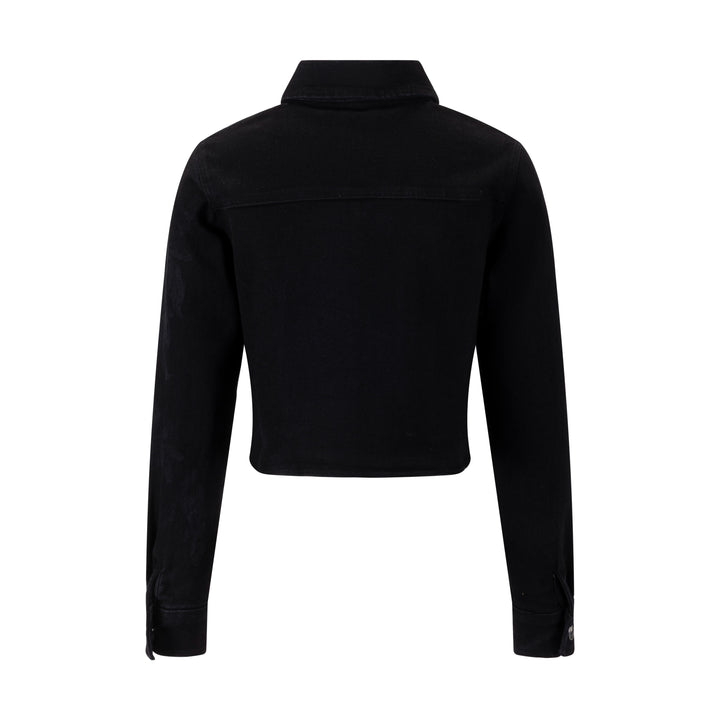 Acid Washed Flower Print Denim Top - Black