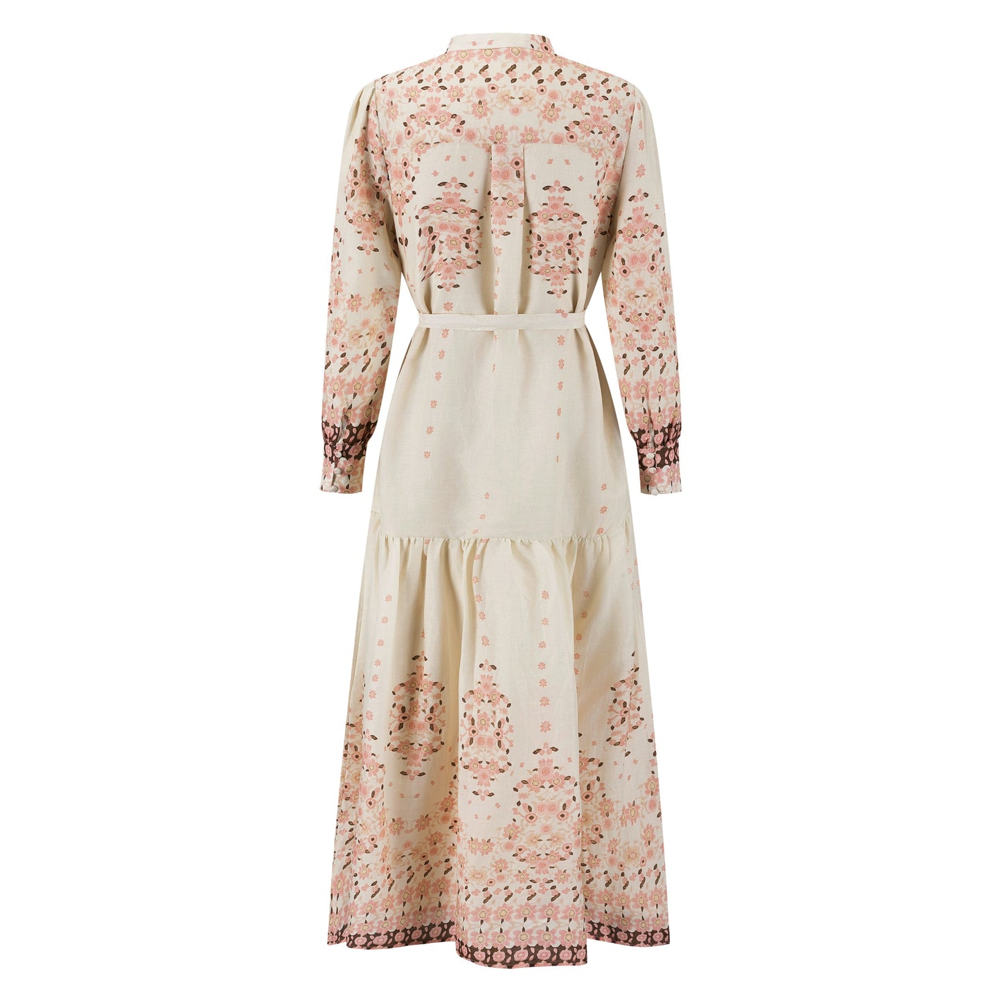 Ivory And Pink Printed Belted Dress