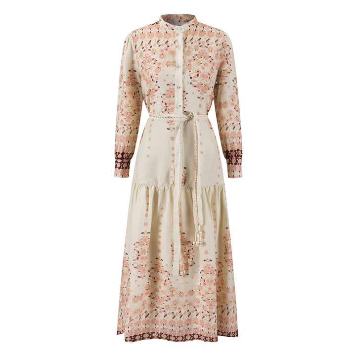 Ivory And Pink Printed Belted Dress