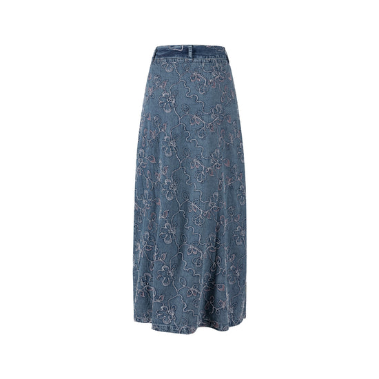 Abstract Embroidery Tie Waist Denim Skirt