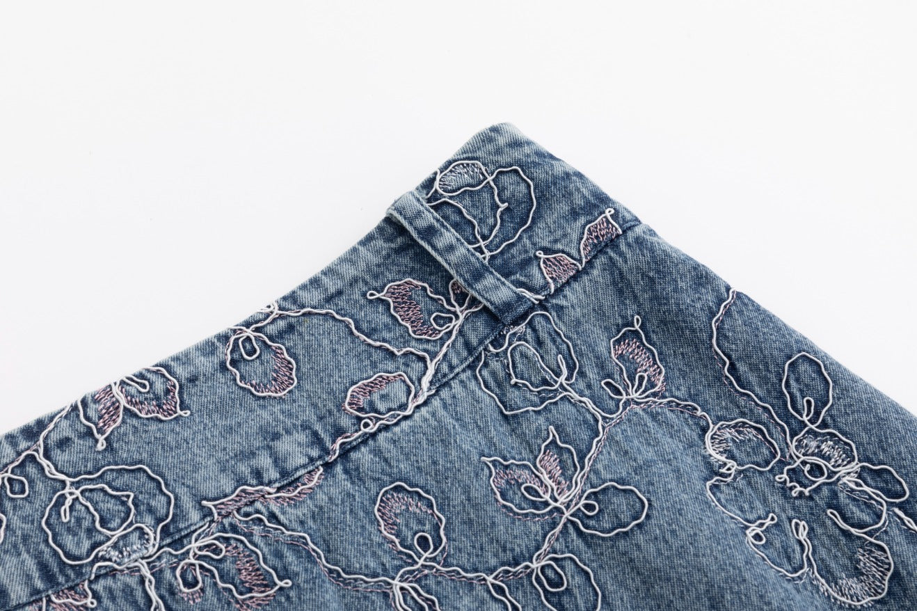 Abstract Embroidery Tie Waist Denim Skirt