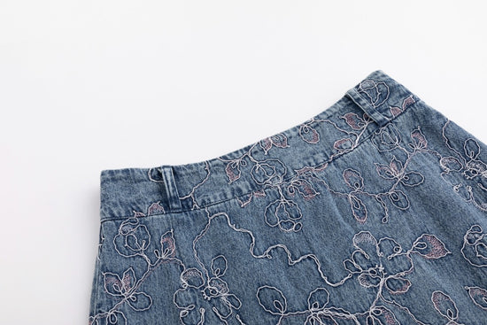 Abstract Embroidery Tie Waist Denim Skirt