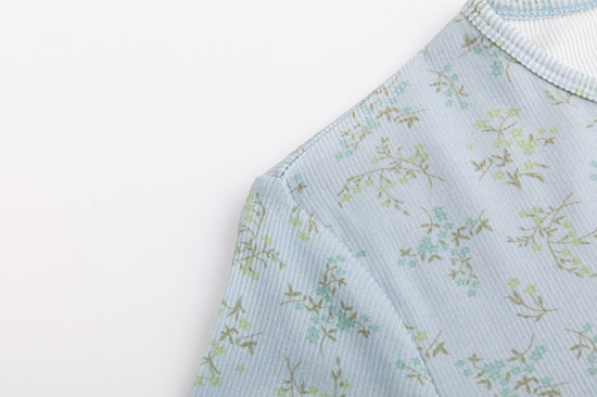 Light Blue Leaves Print Ivory Base Top