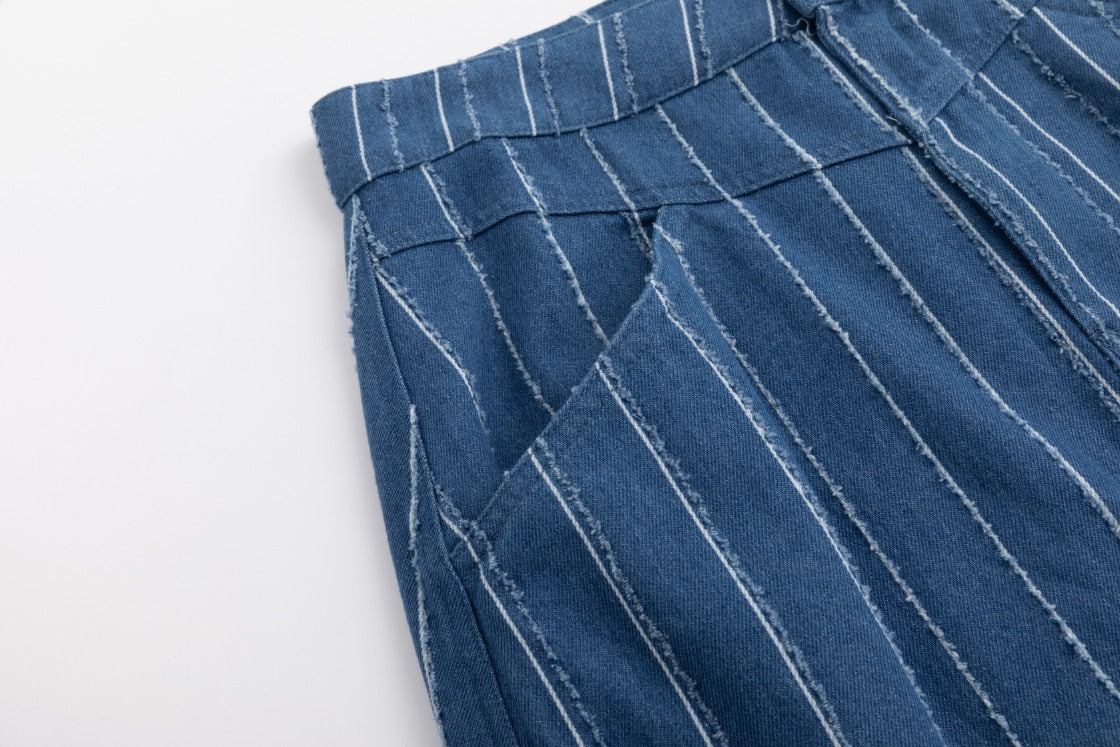 White And Ragged Stripes Denim Skirt