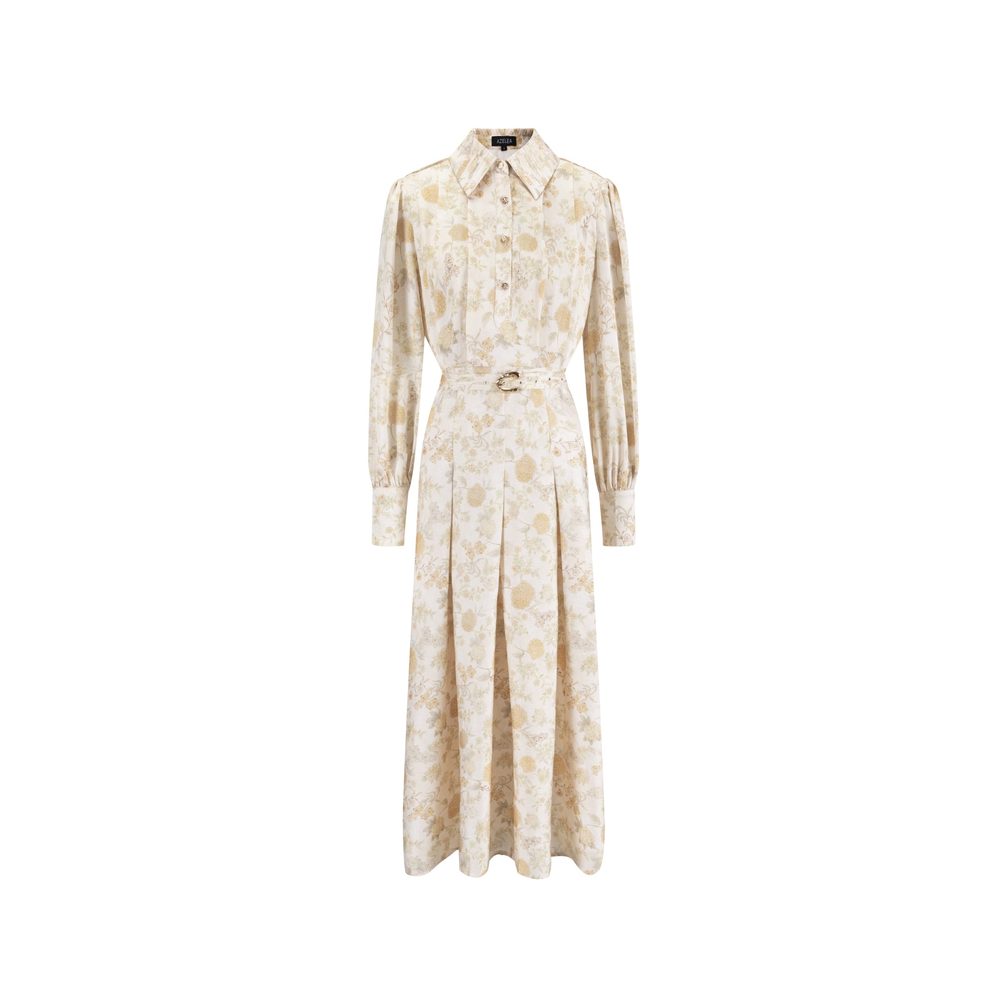 Yellow Floral Printed Pleated Dress With Detail