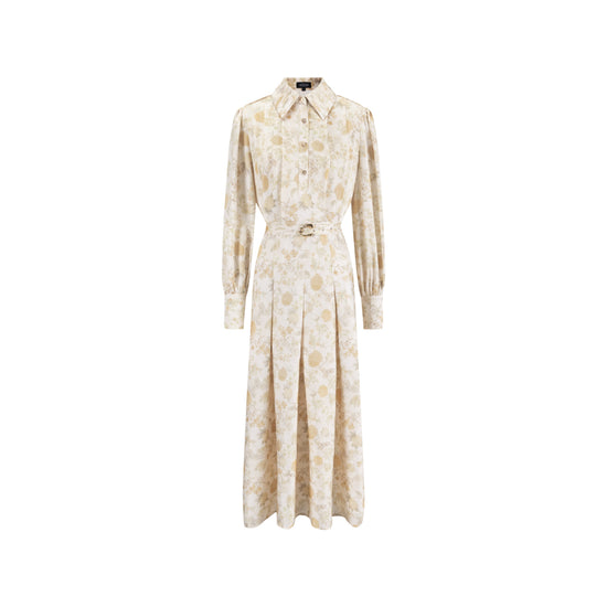 Yellow Floral Printed Pleated Dress With Detail
