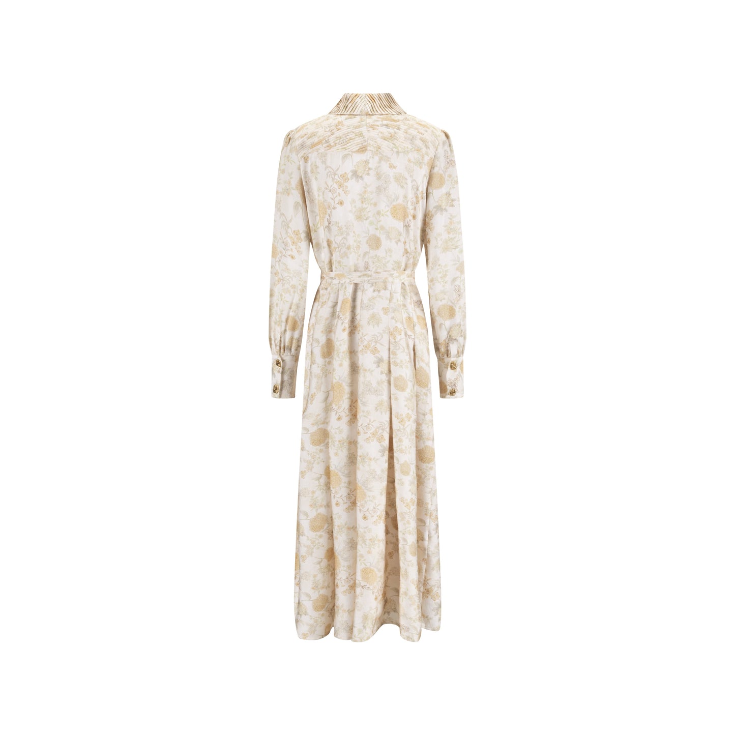 Yellow Floral Printed Pleated Dress With Detail