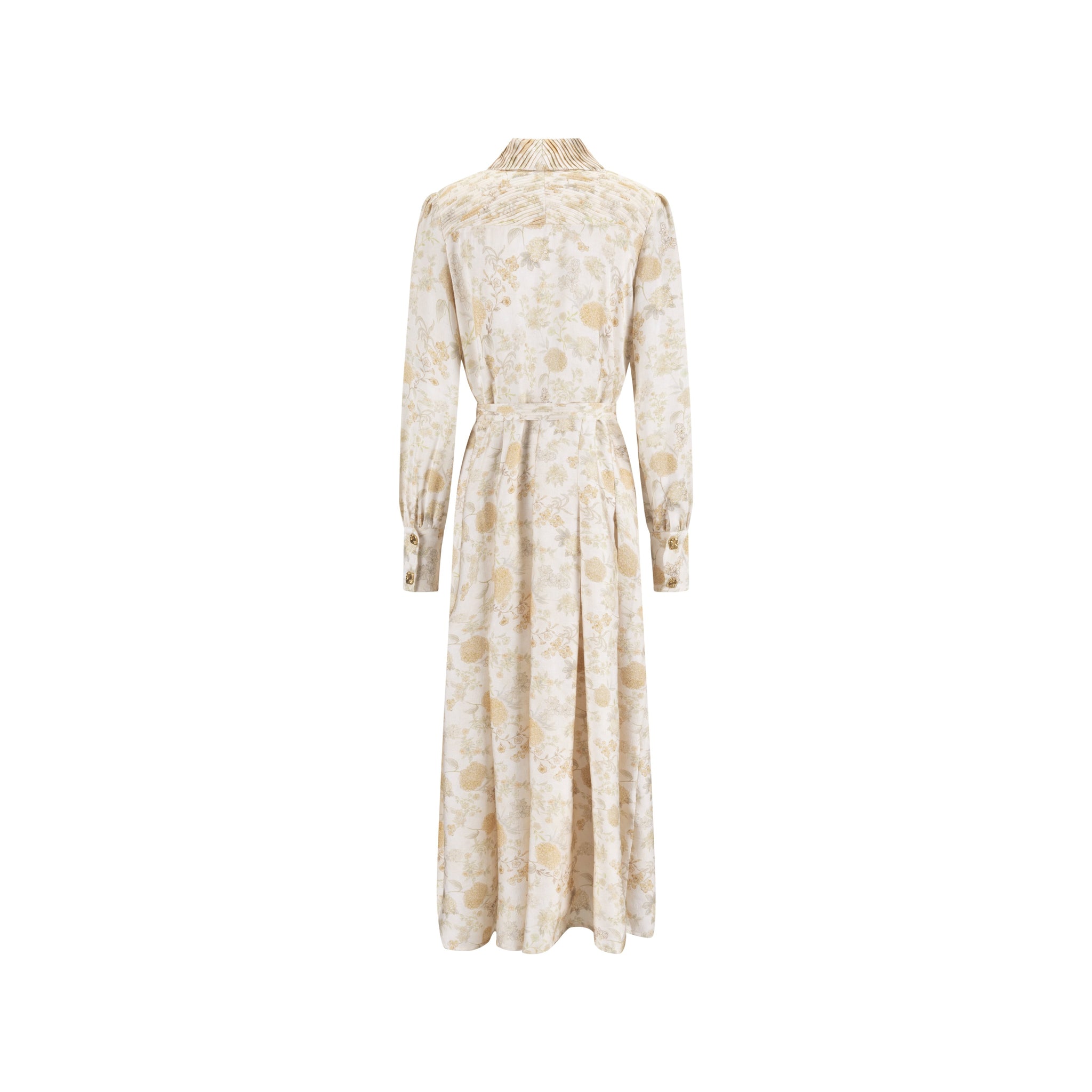 Yellow Floral Printed Pleated Dress With Detail