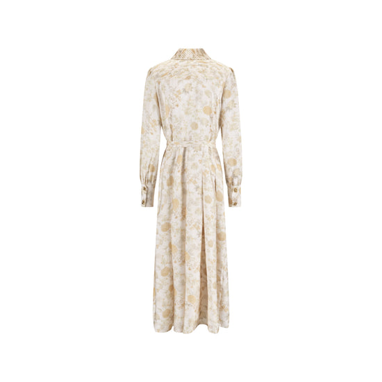 Yellow Floral Printed Pleated Dress With Detail
