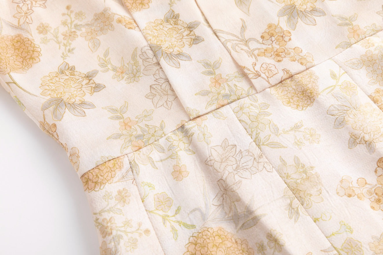 Yellow Floral Printed Pleated Dress With Detail