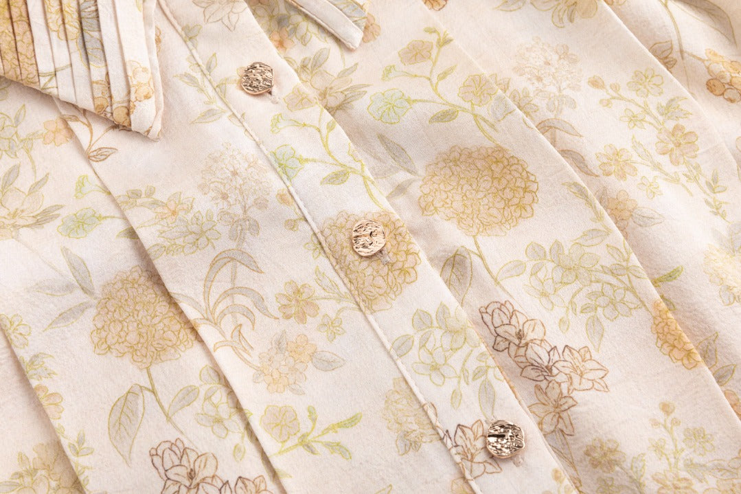 Yellow Floral Printed Pleated Dress With Detail