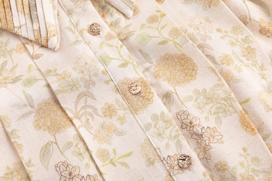 Yellow Floral Printed Pleated Dress With Detail