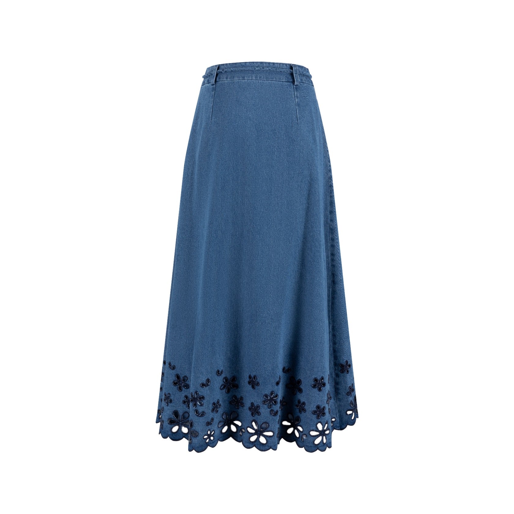 Blue Denim Skirt With Open Embroidery