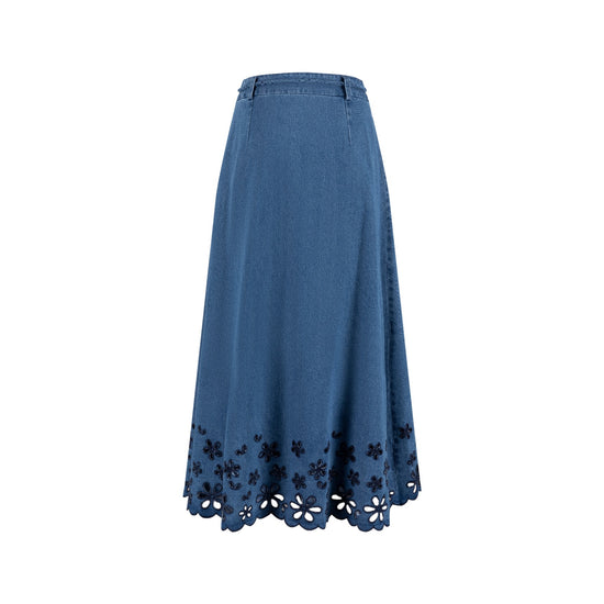 Blue Denim Skirt With Open Embroidery