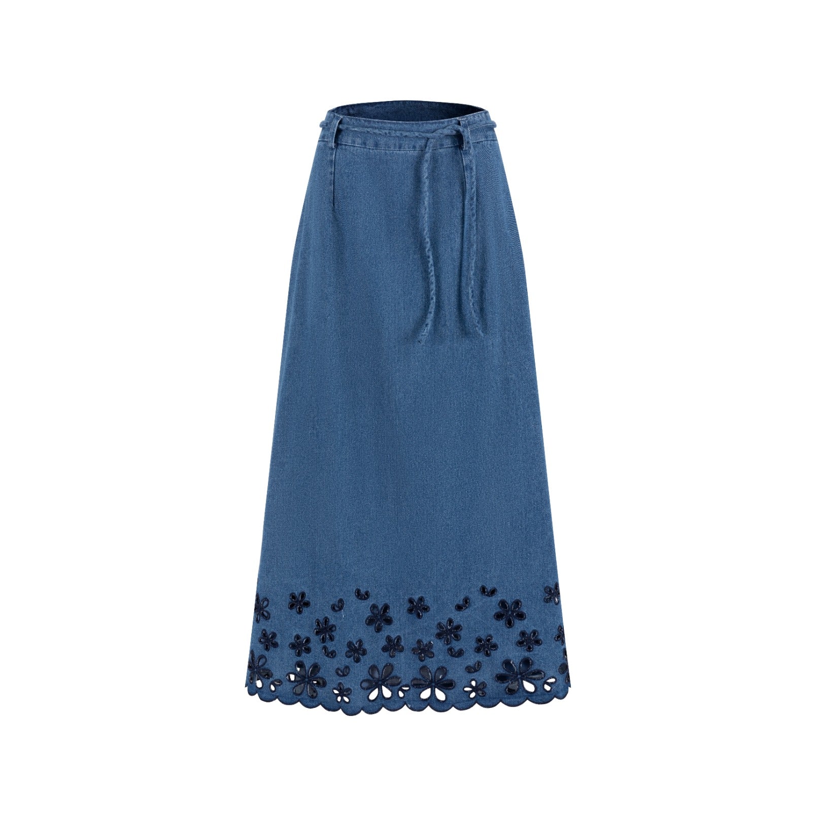 Blue Denim Skirt With Open Embroidery