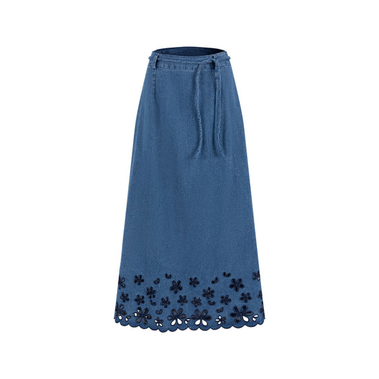 Blue Denim Skirt With Open Embroidery