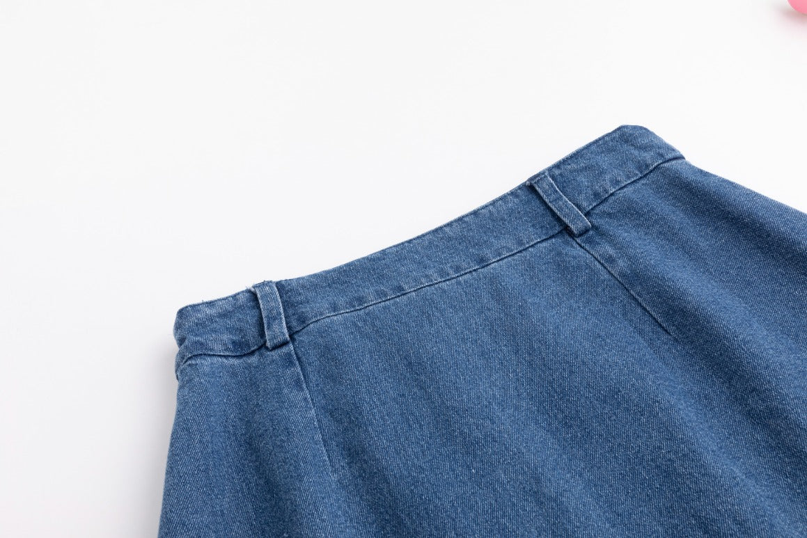 Blue Denim Skirt With Open Embroidery