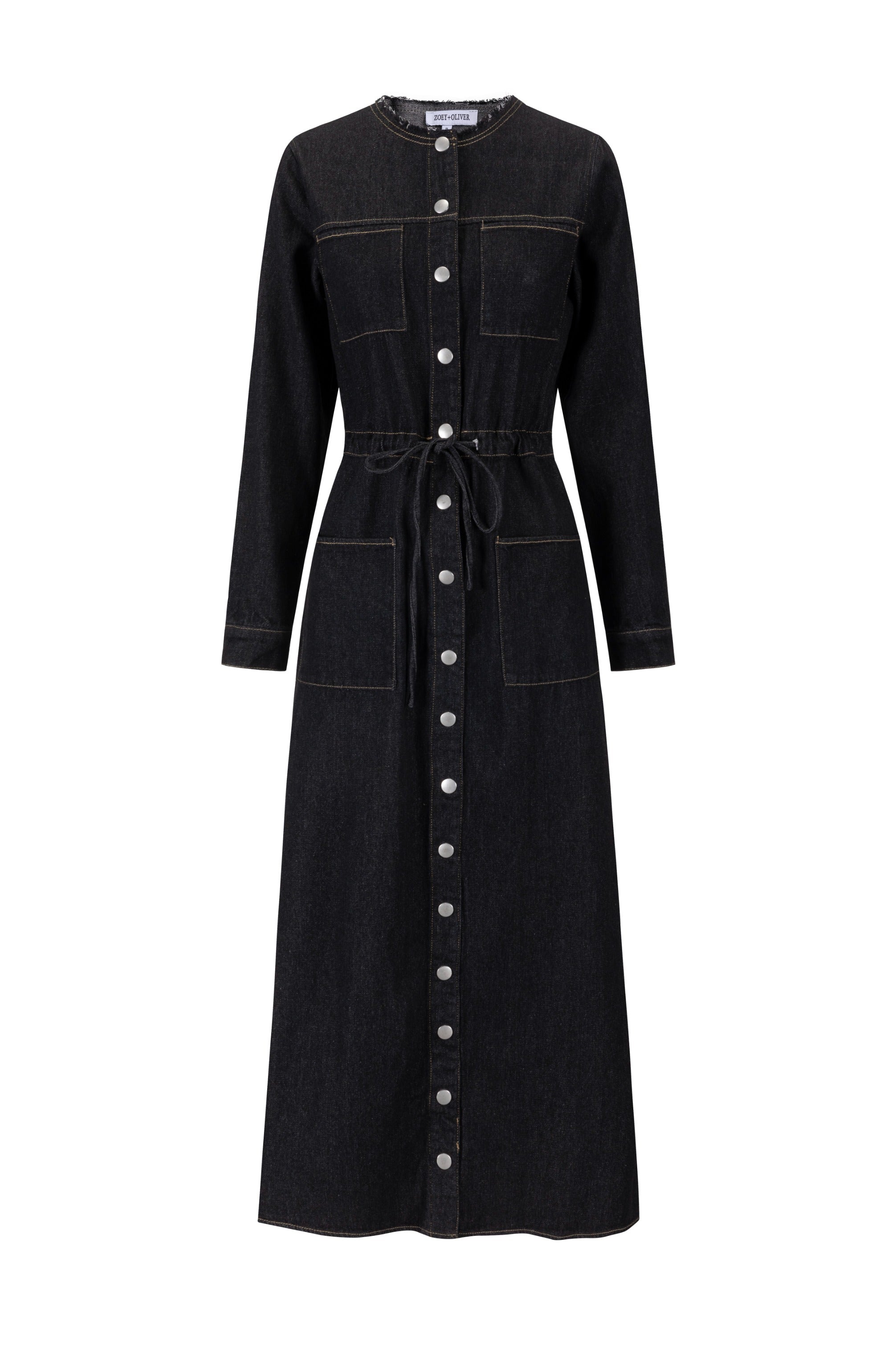 Ragged Edge Multi Pocket Denim Dress - Black