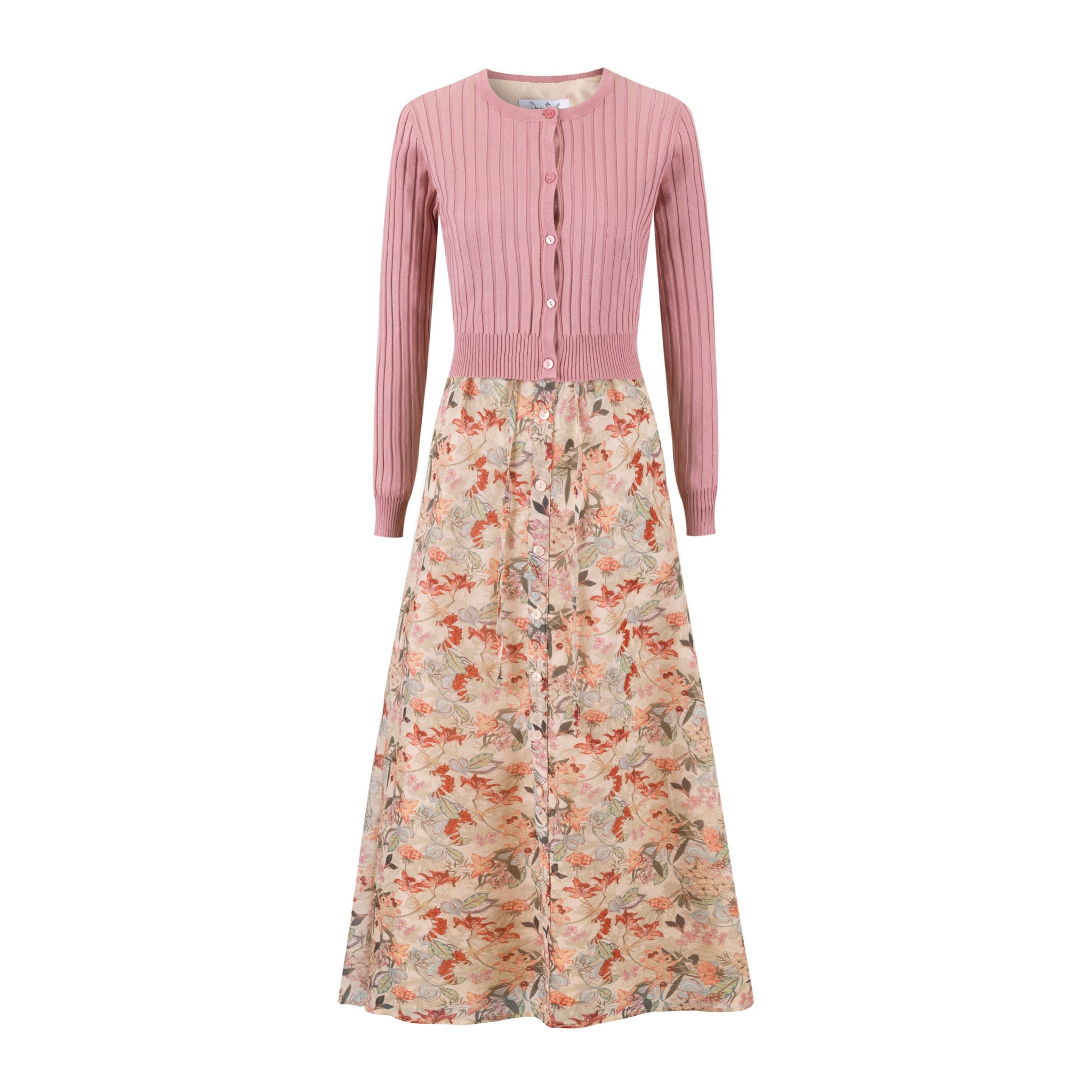 Pink Floral Dress With Knit Cardigan