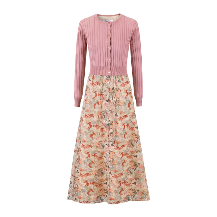 Pink Floral Dress With Knit Cardigan