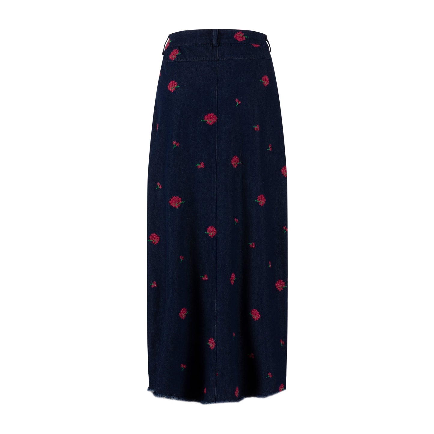 Red Flowers Embroidered Denim Skirt - Dark Blue