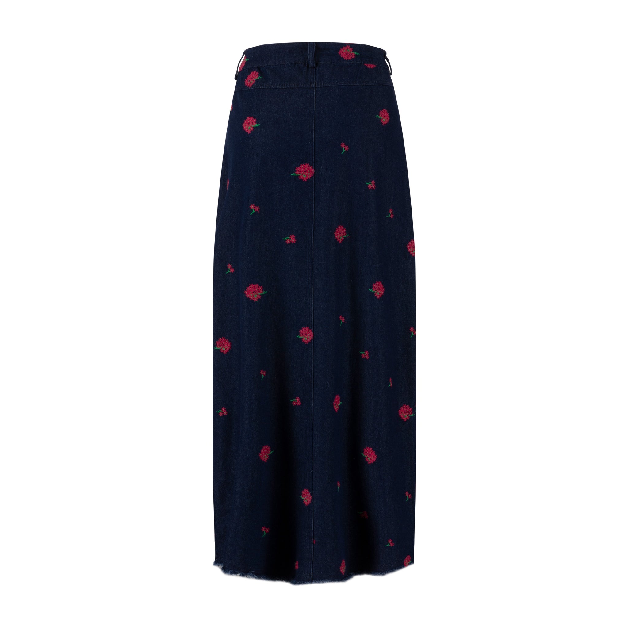 Red Flowers Embroidered Denim Skirt - Dark Blue