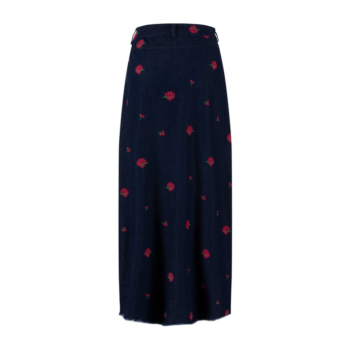Red Flowers Embroidered Denim Skirt - Dark Blue