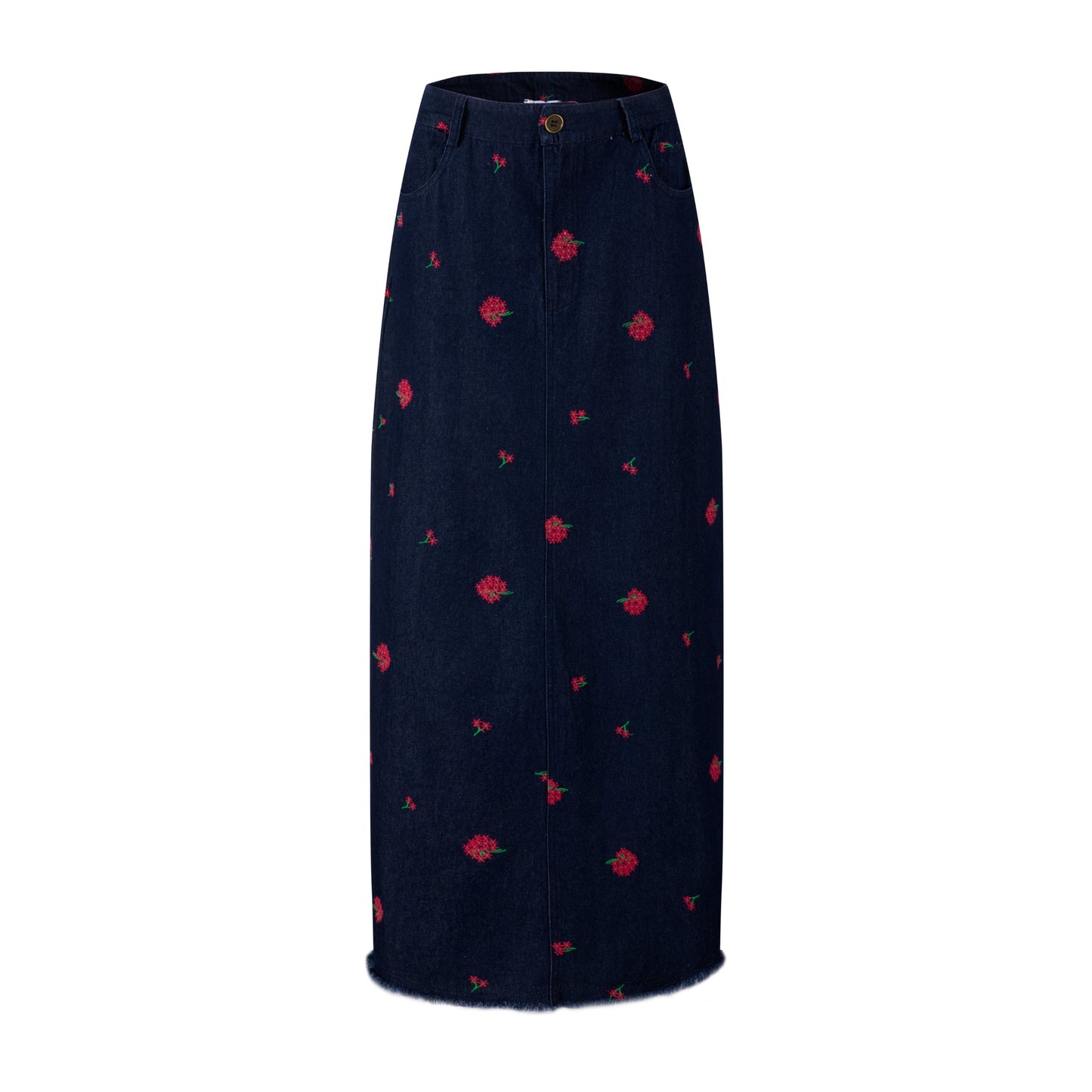 Red Flowers Embroidered Denim Skirt - Dark Blue