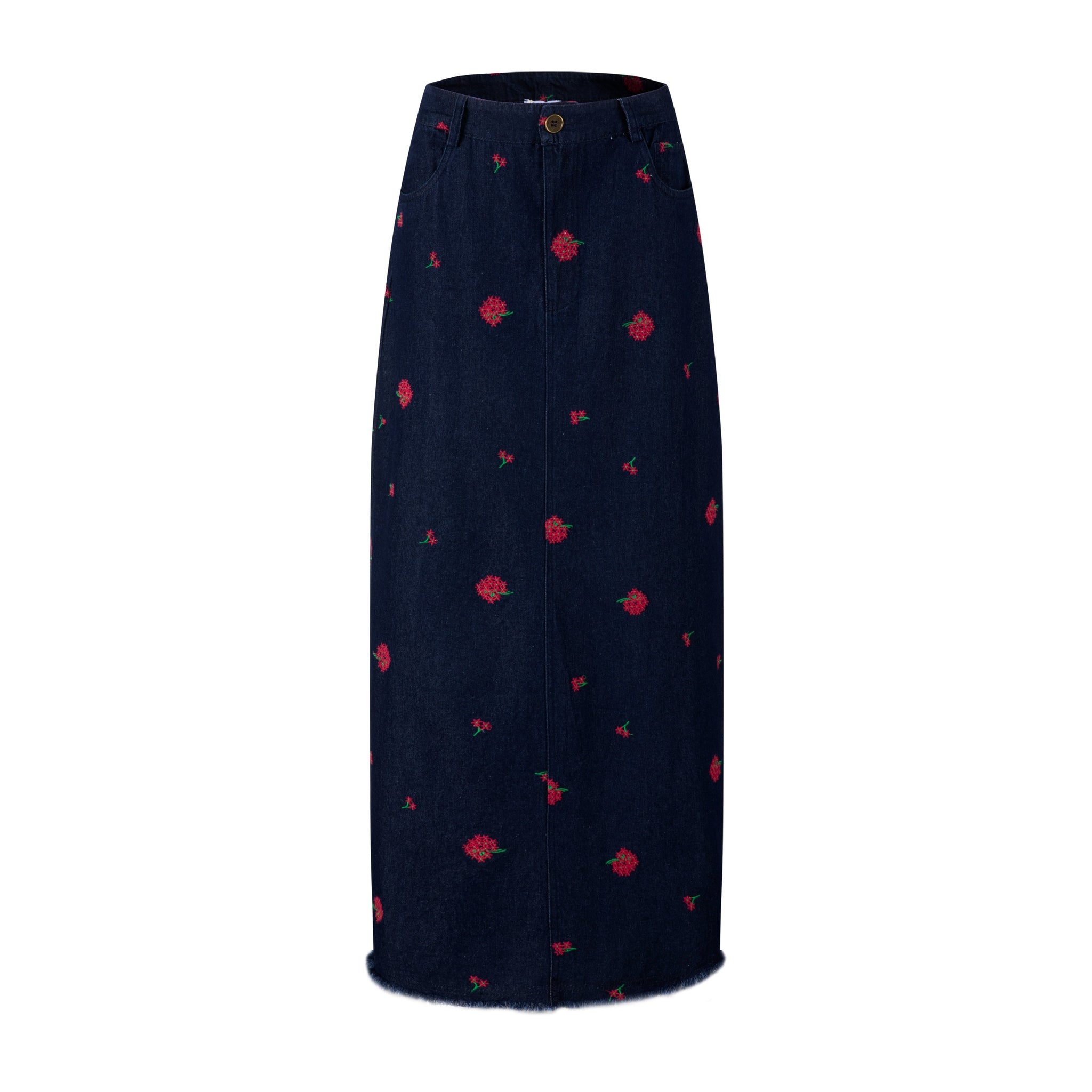 Red Flowers Embroidered Denim Skirt - Dark Blue