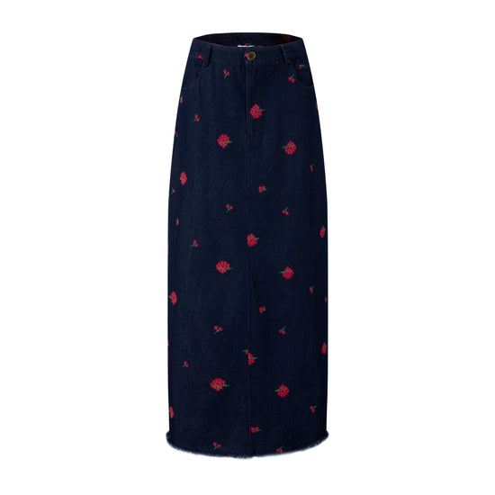 Red Flowers Embroidered Denim Skirt - Dark Blue