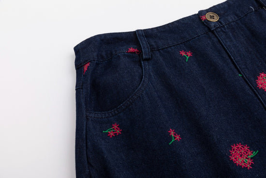 Red Flowers Embroidered Denim Skirt - Dark Blue