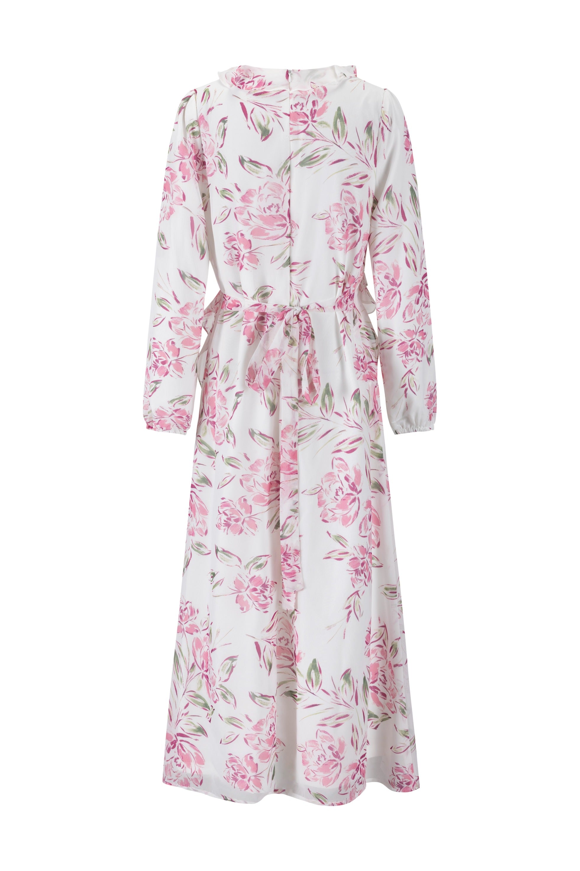 Ruffle Detail Pink Flower Print White Dress