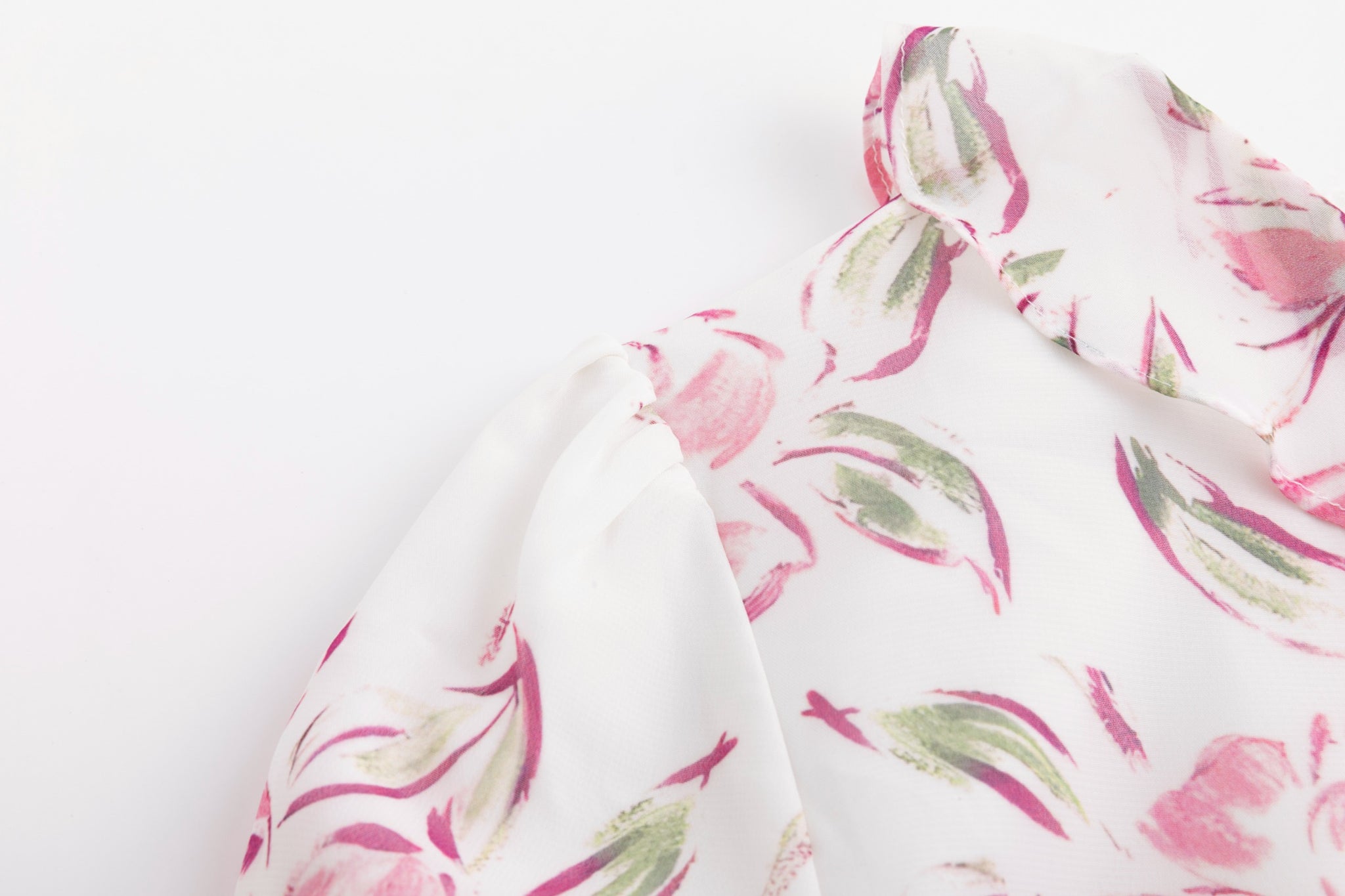 Ruffle Detail Pink Flower Print White Dress