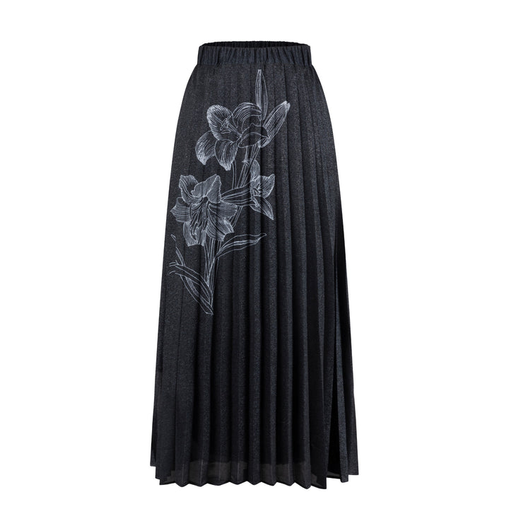 Black Shimmery Flower Pleated Skirt