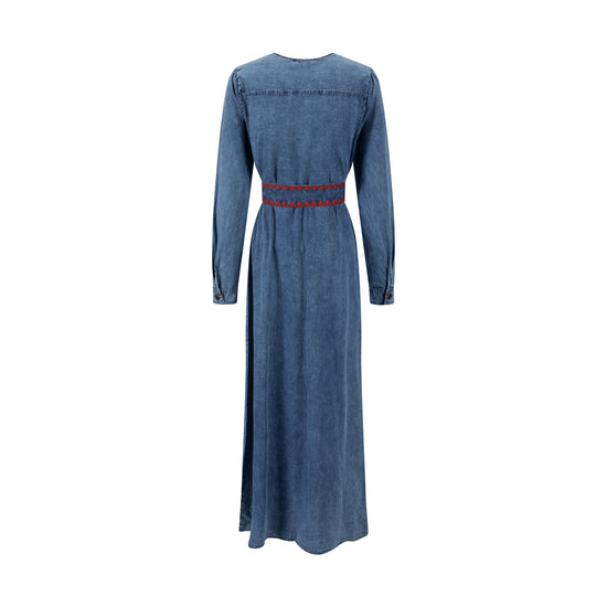 Red Embroidery Trim Denim Dress