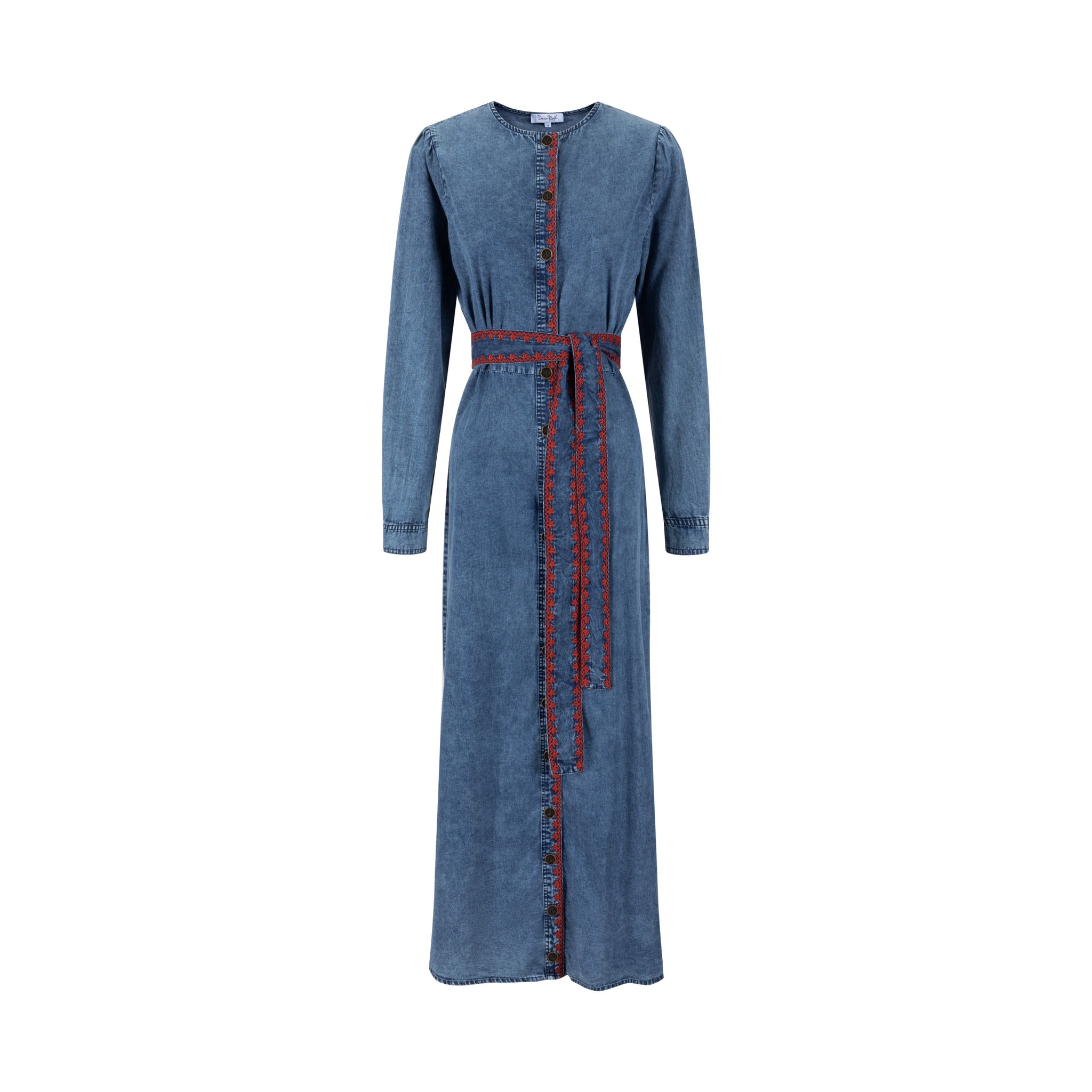 Red Embroidery Trim Denim Dress