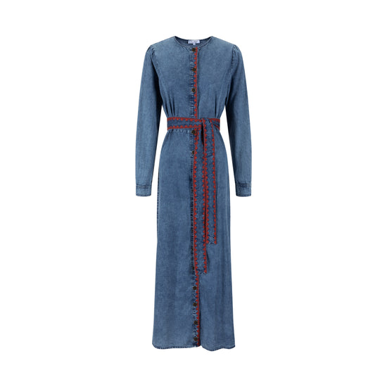 Red Embroidery Trim Denim Dress