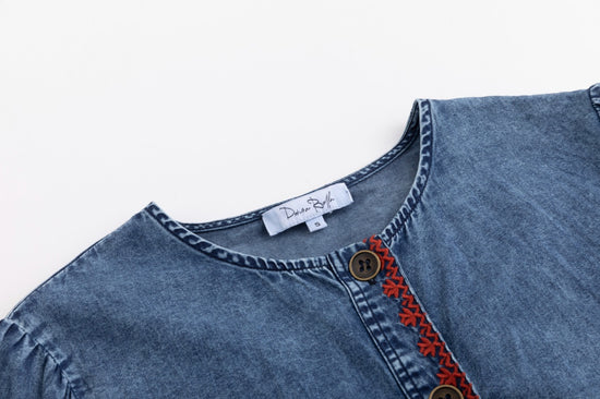 Red Embroidery Trim Denim Dress