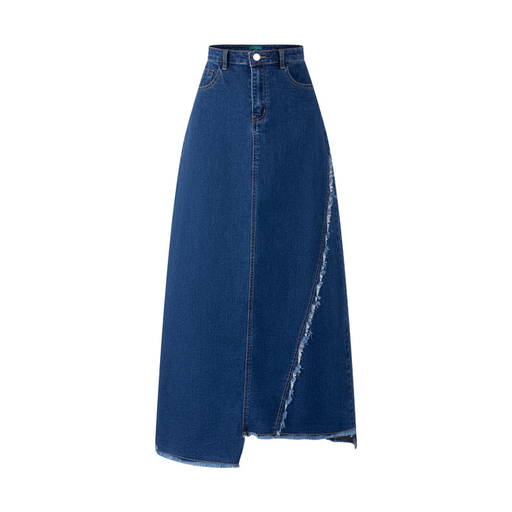 Side Frayed Denim Skirt - Blue Denim