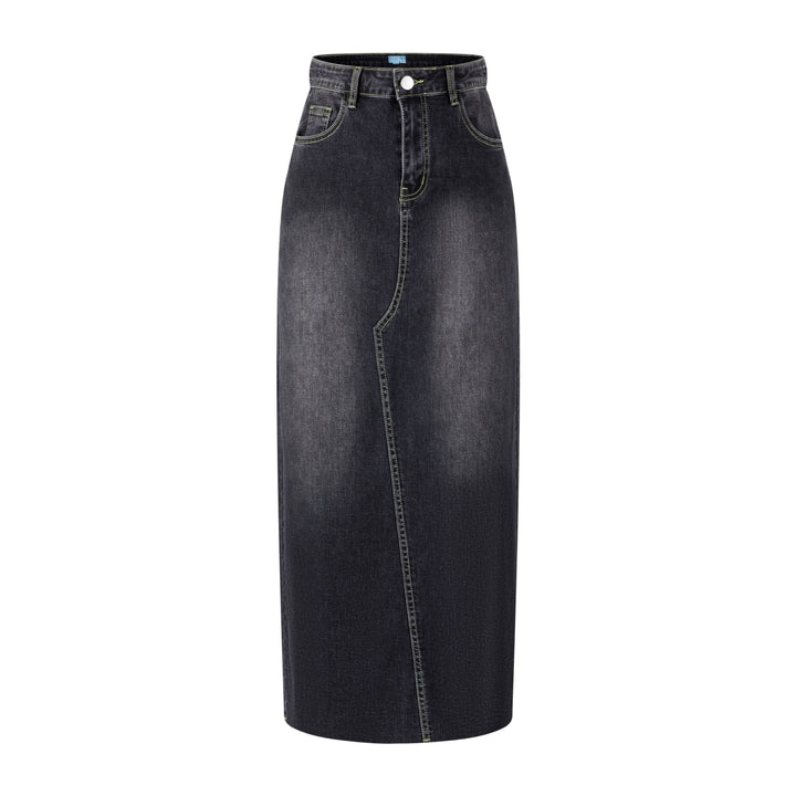 Neon Stitching Denim Skirt - Black