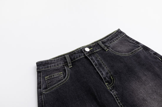 Neon Stitching Denim Skirt - Black