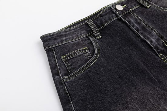 Neon Stitching Denim Skirt - Black