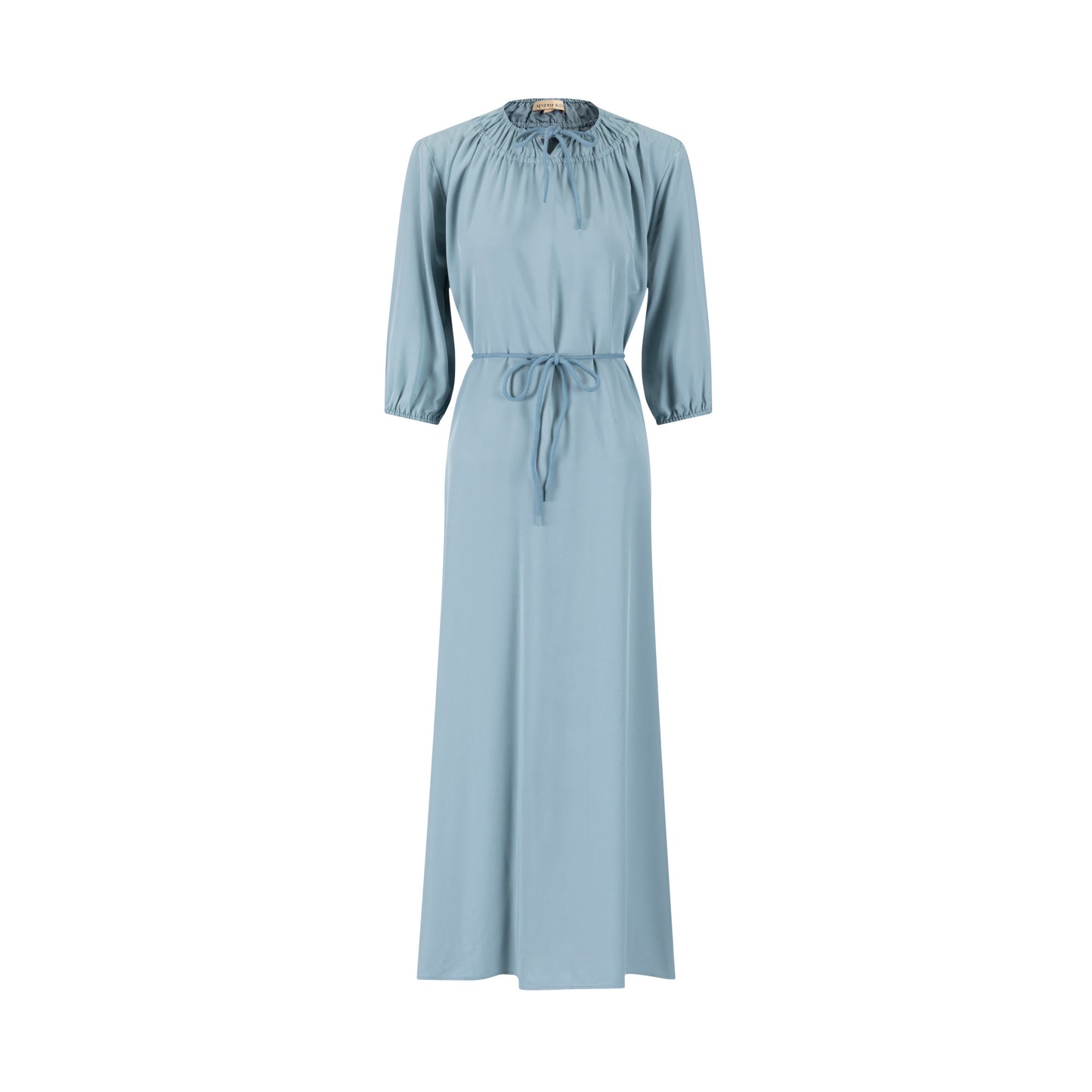 Linen Drawstring Neckline Dress - Sea Blue