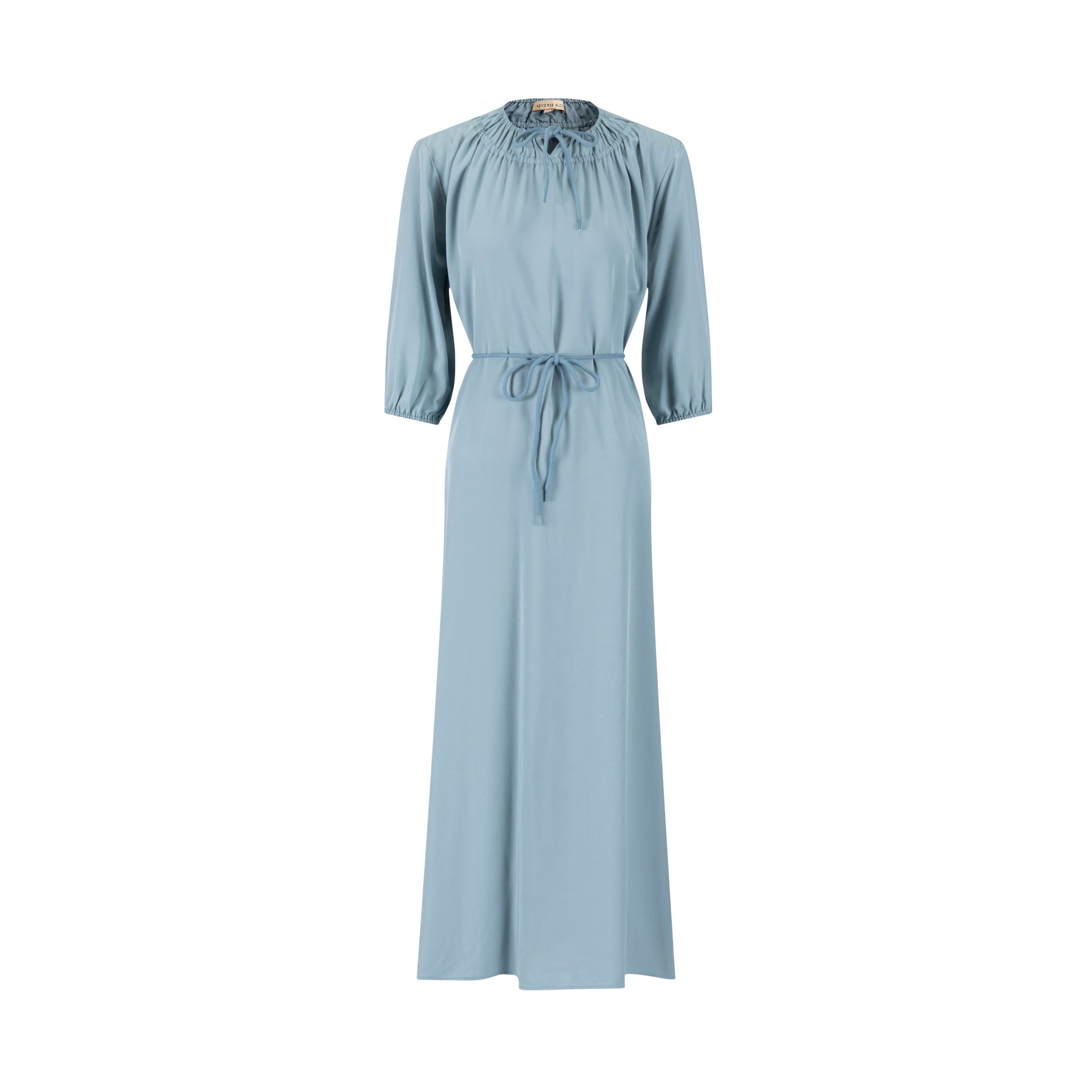 Linen Drawstring Neckline Dress - Sea Blue