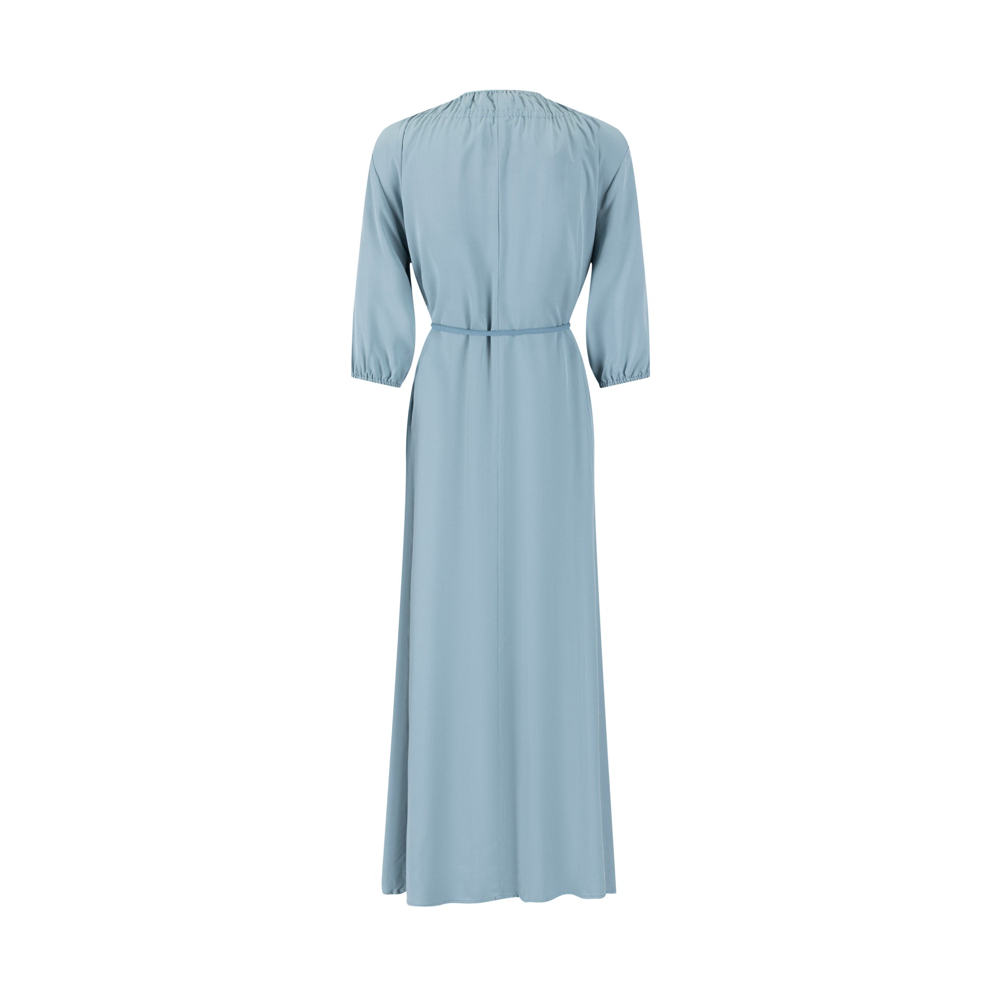 Linen Drawstring Neckline Dress - Sea Blue
