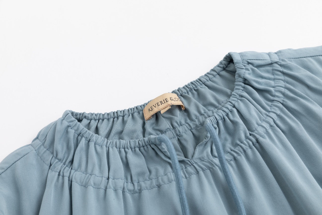 Linen Drawstring Neckline Dress - Sea Blue