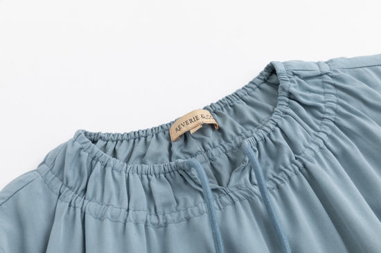 Linen Drawstring Neckline Dress - Sea Blue