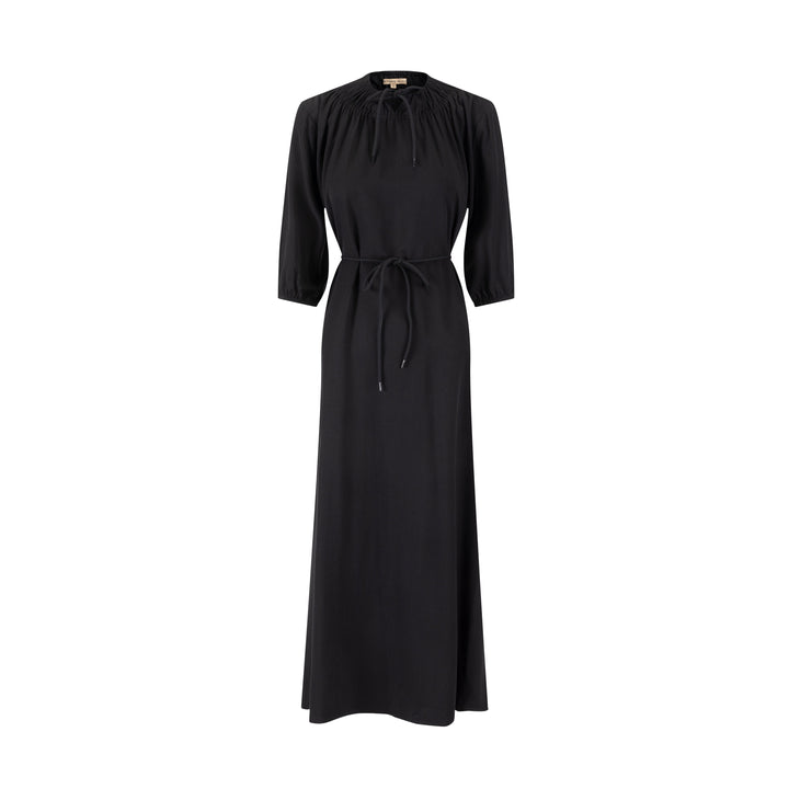 Linen Drawstring Neckline Dress - Black