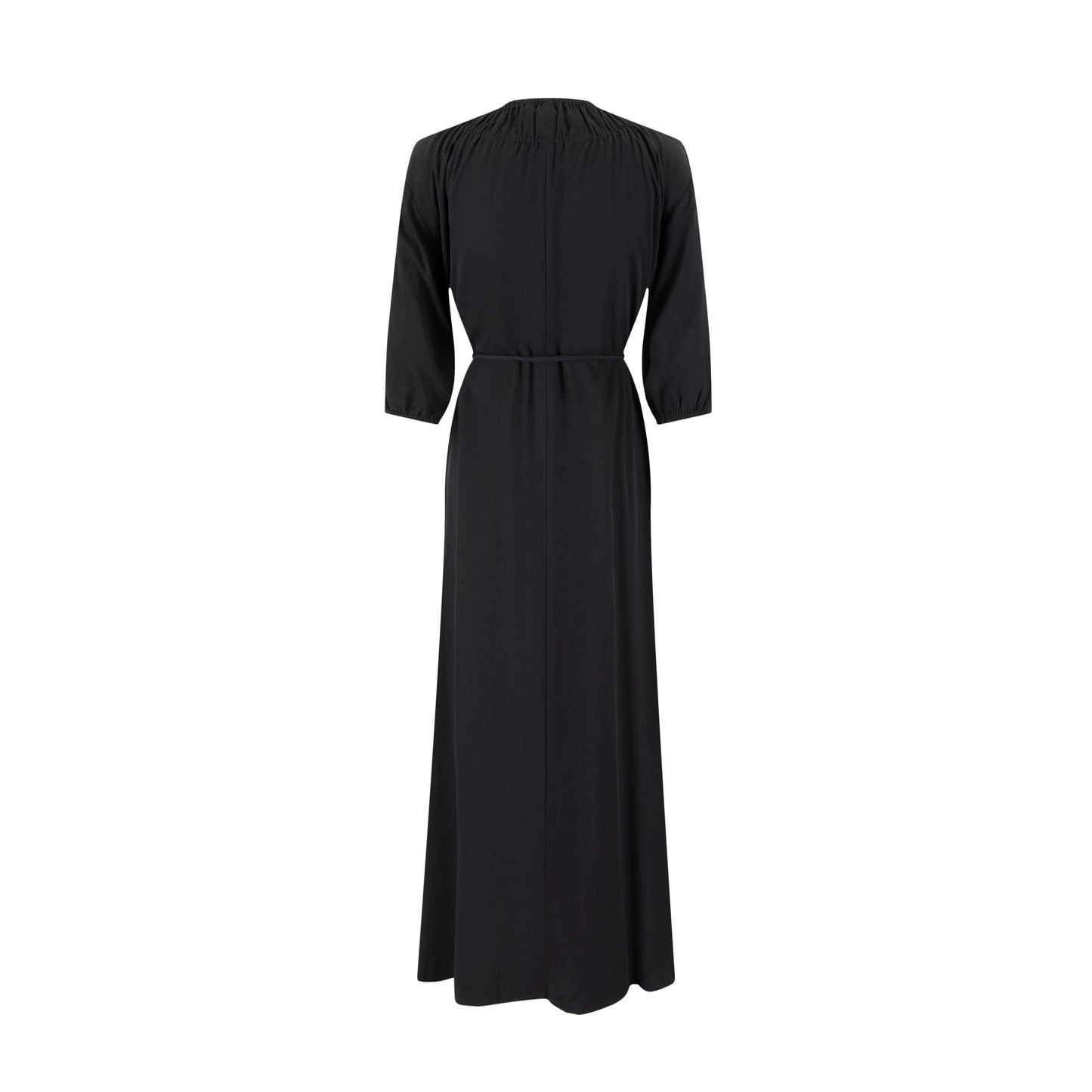 Linen Drawstring Neckline Dress - Black
